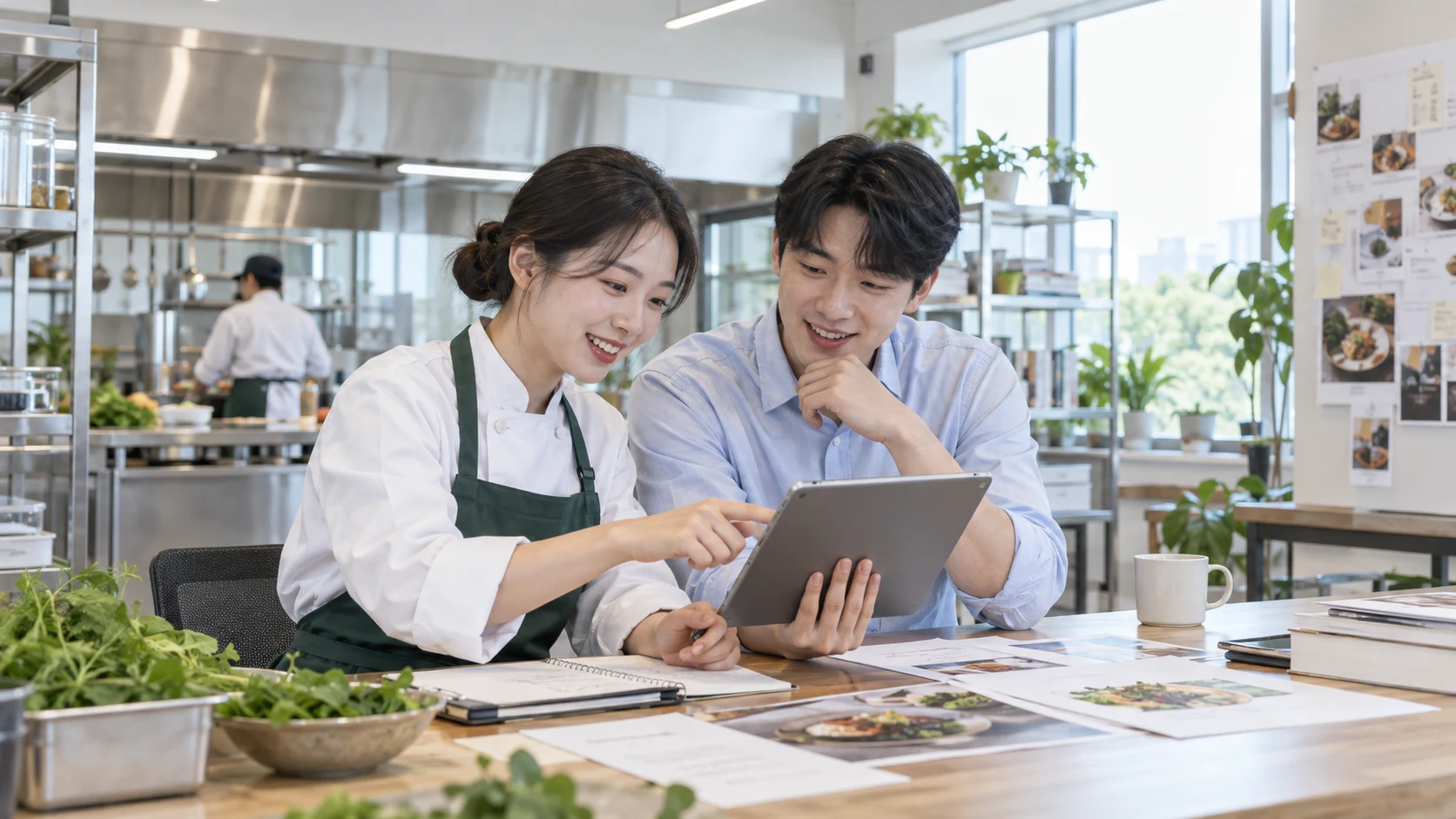 태블릿을 보며 함께 업무를 준비하는 젊은 동료들