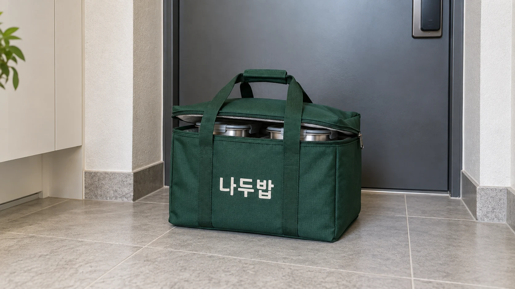 현관문 앞에 식사를 담아 놓은 나두밥 보온백