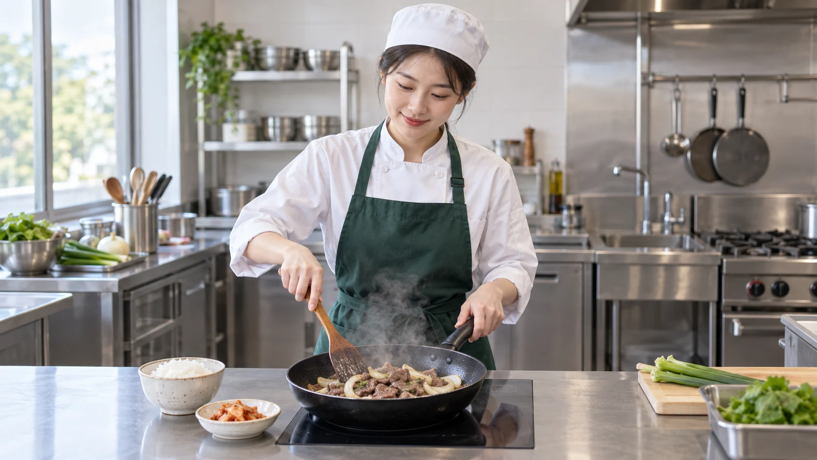 덮밥 재료를 조리하는 젊은 여성 조리사